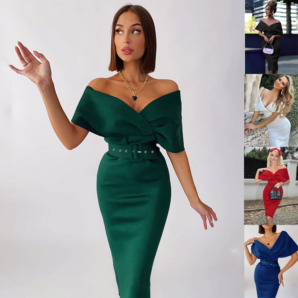 Women's Fashion Temperament High Waist Show Waist With Belt Dress