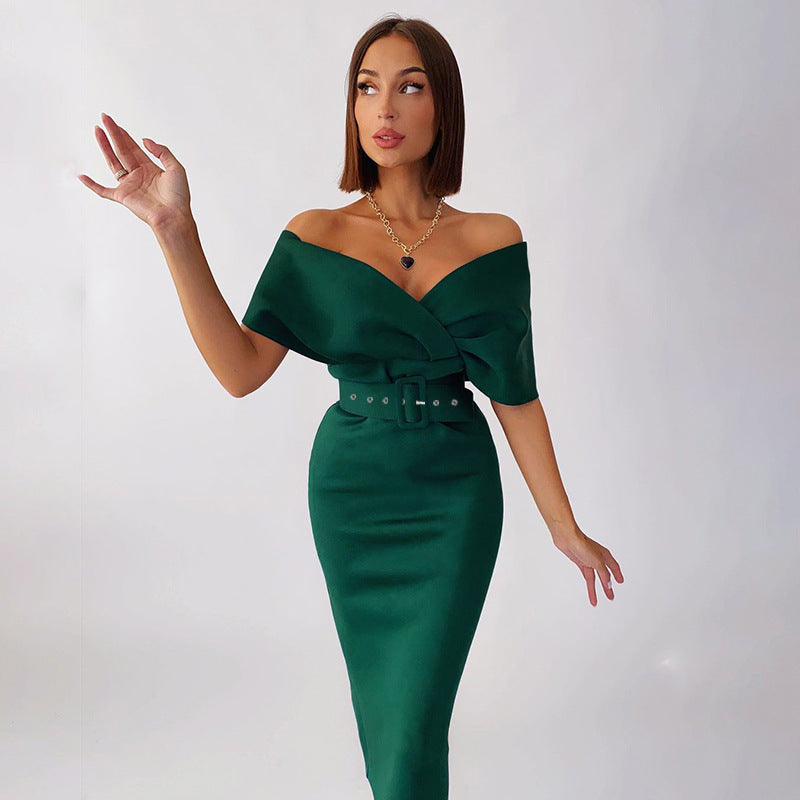 Women's Fashion Temperament High Waist Show Waist With Belt Dress