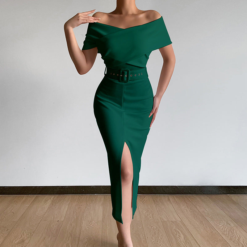 New Commuter Simple Off-the-shoulder Belt Slit Skirt