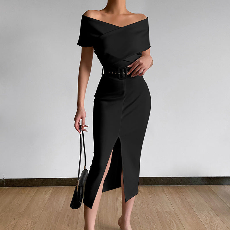 New Commuter Simple Off-the-shoulder Belt Slit Skirt