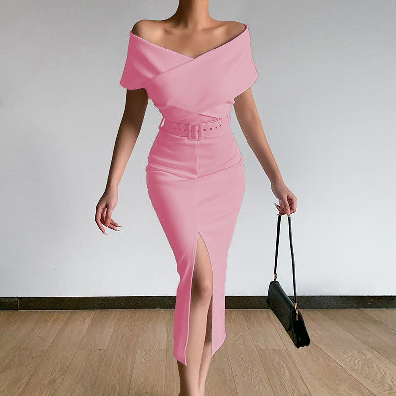 New Commuter Simple Off-the-shoulder Belt Slit Skirt