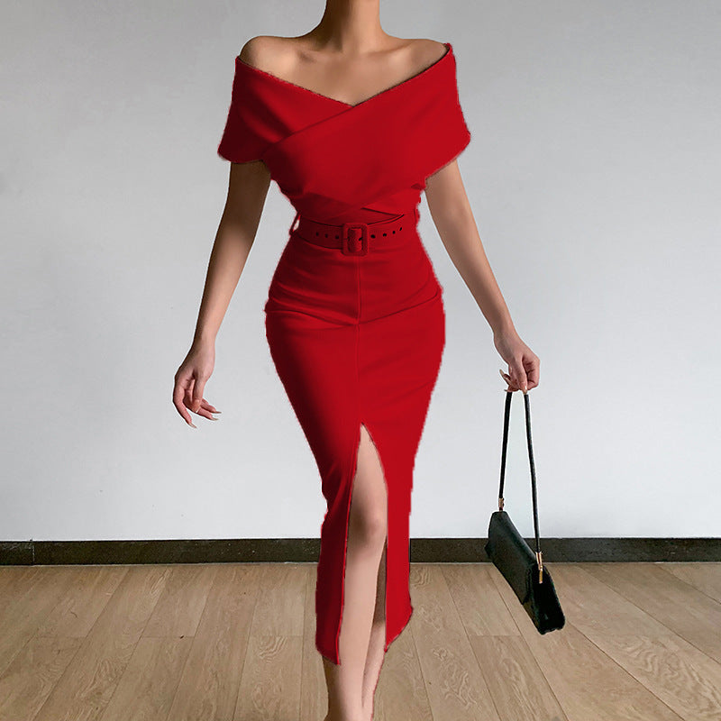 New Commuter Simple Off-the-shoulder Belt Slit Skirt