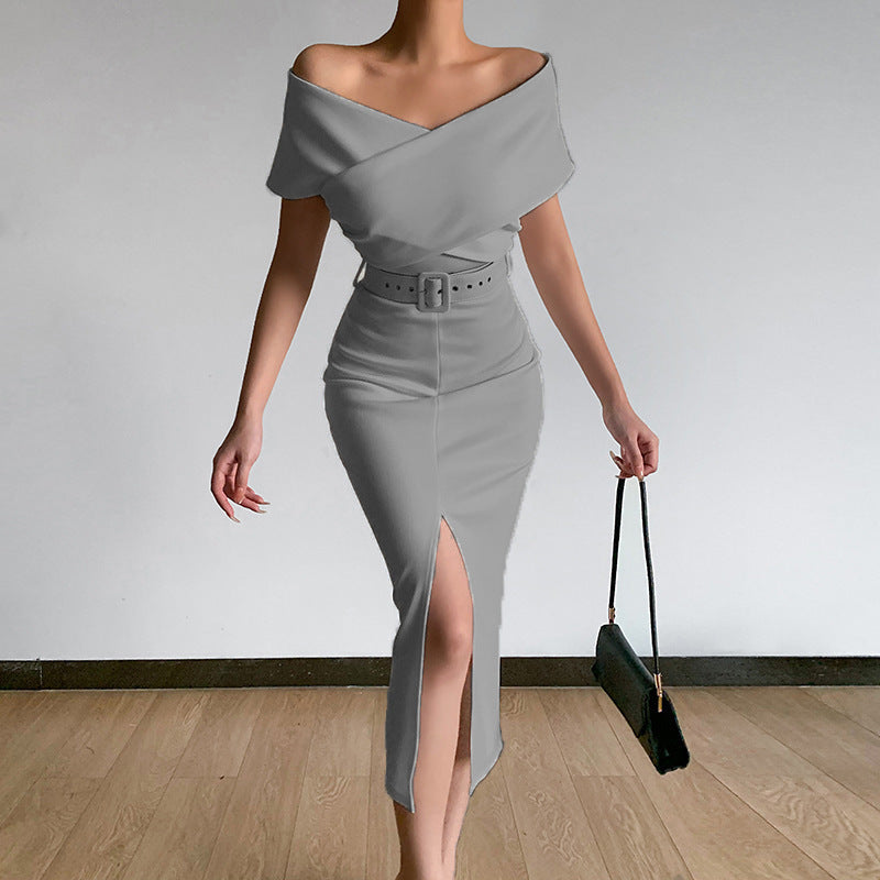 New Commuter Simple Off-the-shoulder Belt Slit Skirt