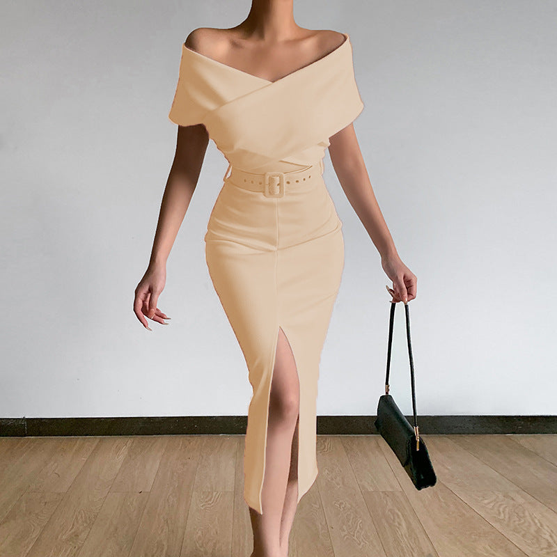 New Commuter Simple Off-the-shoulder Belt Slit Skirt