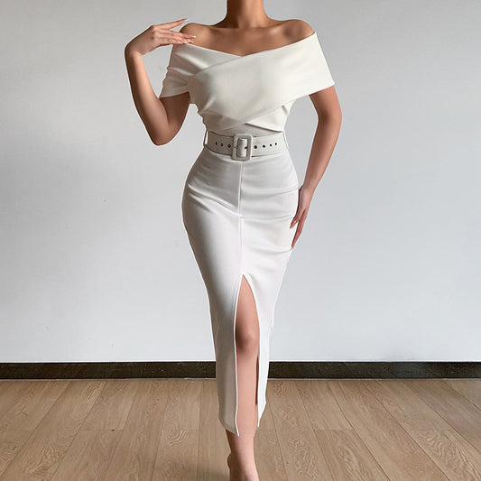 New Commuter Simple Off-the-shoulder Belt Slit Skirt